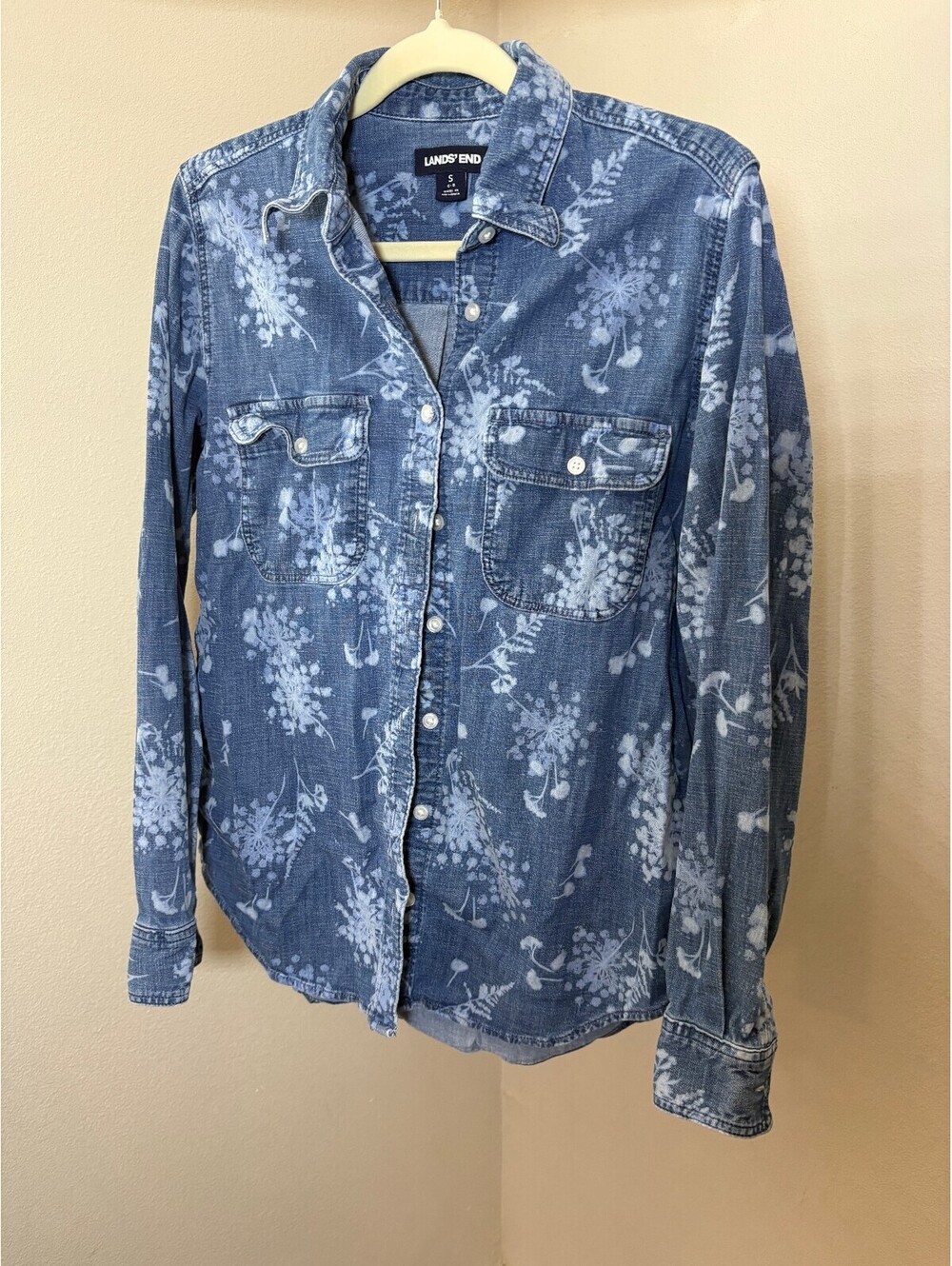 Lands' End Women's Small Blue Floral Denim Shirt